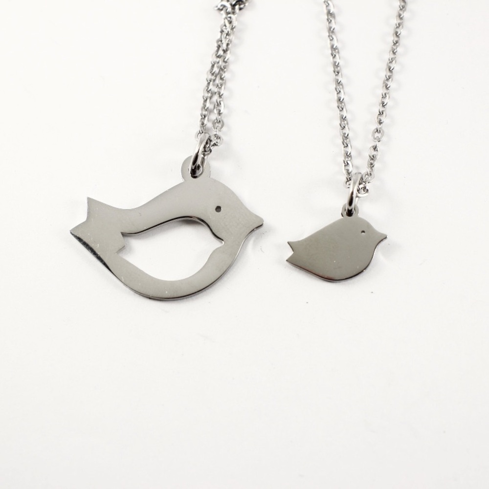 Mama bird and baby bird silver necklaces